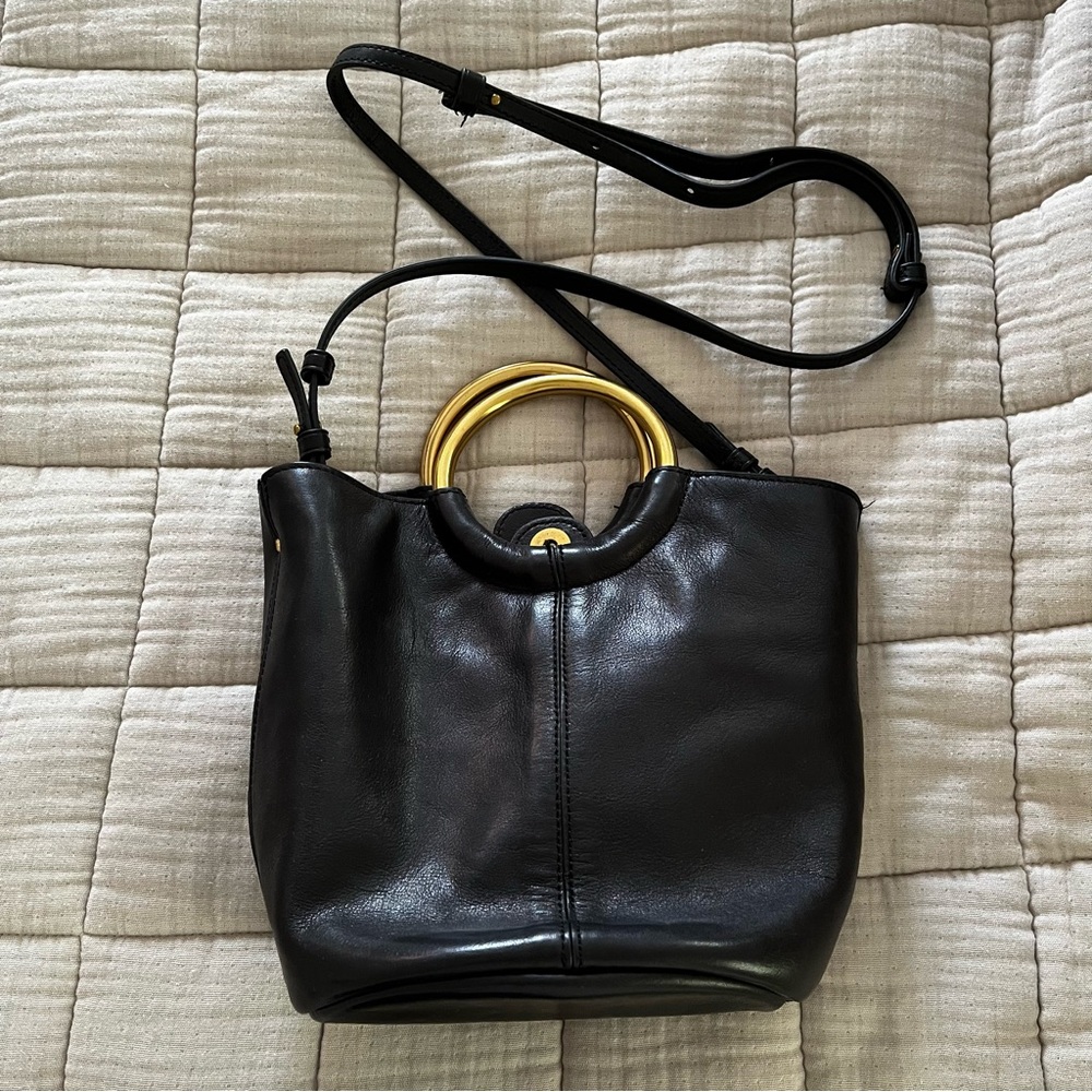 J. Crew Black Leather Bucket Bag with Metal Handles